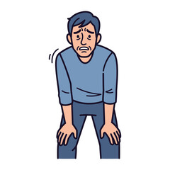 Fototapeta premium Exhausted Man: A man with a weary expression and hands on knees, reflecting exhaustion and fatigue. Capturing the relatable struggle and the emotional toll of daily stress.