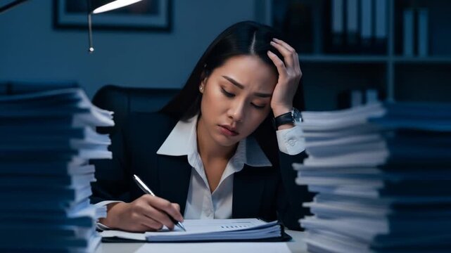 A stressed Asian businesswoman working late at night in an office, surrounded by stacks of paperwork, looking overwhelmed and tired.