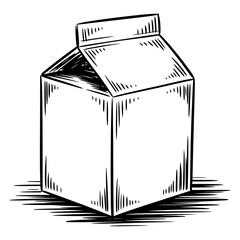 Hand drawn sketch illustration of milk carton packaging in black and white vector style