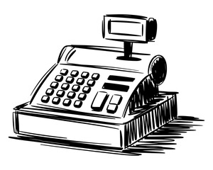 Hand drawn sketch illustration of vintage cash register in black and white vector style