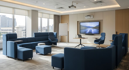 Modern office lounge area with blue seating, large windows, and presentation equipment for collaborative work ai generated