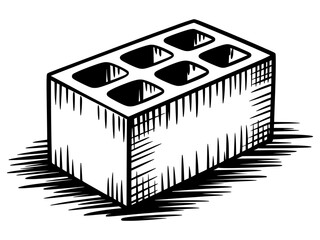 Hand drawn sketch illustration of rectangular brick block in black and white vector style
