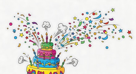 Colorful birthday cake with exploding confetti and candles.