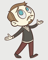 A man with brown hair and a goatee, wearing a dark gray V-neck sweater over a collared shirt. He has large, expressive eyes and is shrugging with his hands out, giving off a look of confusion.