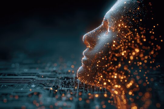 Glowing digital head profile on circuit board