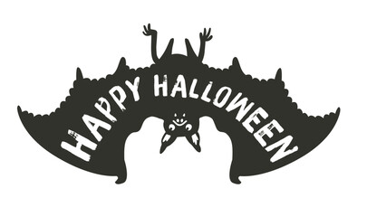 Happy Halloween Vector with Hanging Bat, Hand Lettered Cute Halloween Typography