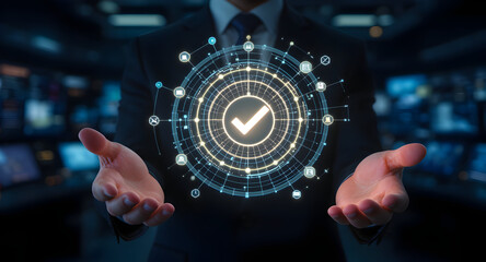 Businessman Presenting a Futuristic Digital Interface with Checkmark Symbolizing Validation and Approval in Technology