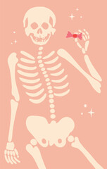 Pastel Skeleton Vector Illustration, Cute Halloween Character Holding Candy