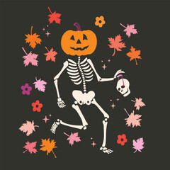 Pumpkin Head Skeleton Vector, Halloween Illustration with Jack O’Lantern, Leaves and Bats