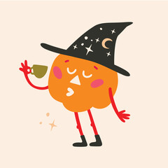 Pumpkin Character in  Witch Hat with Cup of Tea Drinking Potion, Halloween Cute, Cozy Halloween Vector Clipart