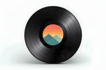 Obraz premium Mockup Black vinyl record with mountain sunset graphic label on white LP record music