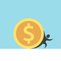Man struggling under heavy coin, crushed and trapped by money. Stress, poverty, greed, financial burden, debt, loan, tax, bankruptcy and economic crisis concept. Flat design. EPS 8 vector illustration