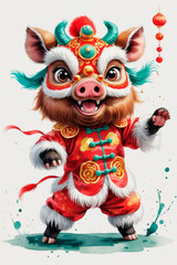 Year Of The Pig Lion Dance Mascot, Lunar New Year Celebration, Festive Red & Gold