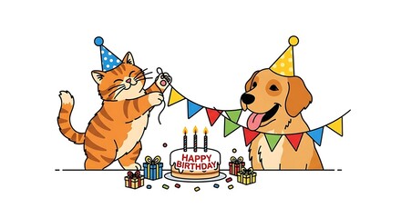 A cartoon cat and dog celebrating a birthday with party hats, streamers, and a cake.