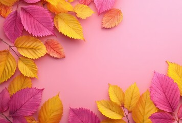 Fototapeta premium Vibrant autumn leaves in shades of pink and yellow create a lively, top-down display that captures the beauty and changing colors of the fall season.