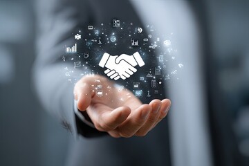 Hand presenting a digital handshake with data icons