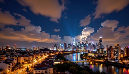 Obraz premium magical luminous clouds hovering above urban skyline at night producing soft reflections on skyscrapers, streets, and rivers creating tranquil harmonious environment