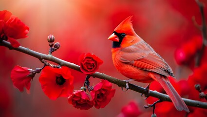 Northern Cardinal on Red Flowering Branch Vibrant Nature