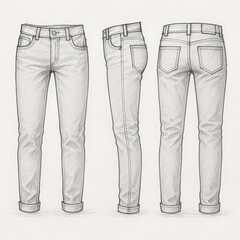 Sketch illustration of jeans design showing front, side, and back views.Detailed fashion drawing of denim pants with pockets, seams,and rolled cuffs, suitable for apparel design and clothing templates