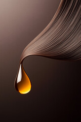 A close-up of flowing, silky hair with a drop of oil enhances its shine and beauty in a minimalist setting.