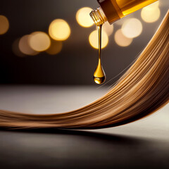 Glossy hair oil drips onto silky strands, enhancing shine and nourishment for healthy hair.