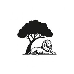 Lion resting under a tree silhouette minimal logo on white background