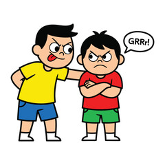 Bullying Confrontation: A colorful cartoon depicting a scene of childhood bullying, featuring an aggressive figure taunting a distressed peer