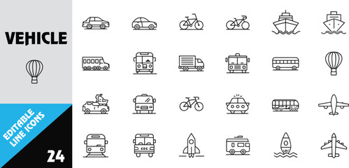 Diverse transportation vehicles line art collection