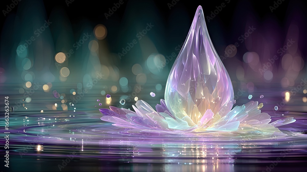 Poster a glowing energy drop infused with fractal patterns hitting a liquid surface, generating infinite re