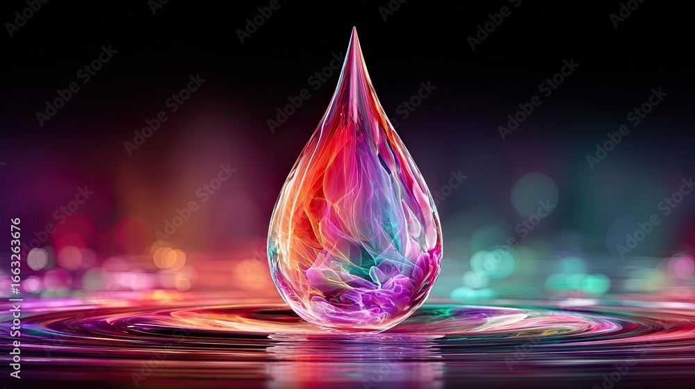 Poster a glowing energy drop infused with fractal patterns hitting a liquid surface, generating infinite re