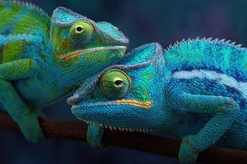 Obraz premium Two vibrant chameleons, one teal, one green-teal, perched closely on a branch