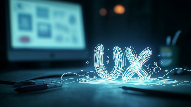 ux glowing wire typography on desk, futuristic concept for user experience design, digital interfaces, and creative web development presentations