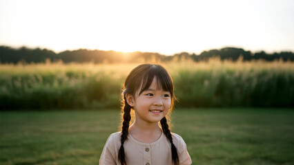 Happy Little Girl with Braided Hair Smiling Outdoors at Sunset in Nature Field, Childhood, Innocence, Joyful Lifestyle &ndash; AI Generated