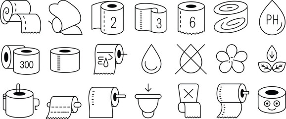 Toilet paper icons, tissue roll, bathroom hygiene, eco friendly tissue, softness, absorbent, pH balance, wet wipes, sanitation, flat vector illustration