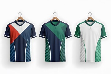 Three Sportswear Polo Shirts with Geometric Designs Hanging apparel clothing Mockup