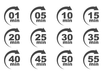 Countdown timer icons from 5 to 60 minutes in circular arrow design. Stopwatch and clock symbols for time tracking, scheduling, deadlines, and duration measurement.