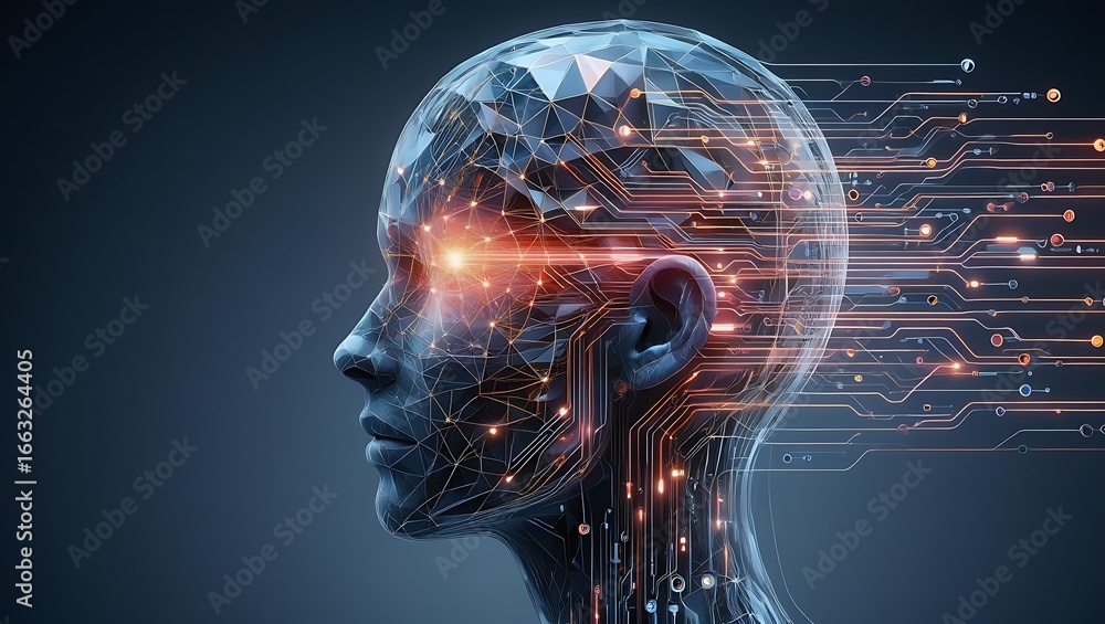 Poster abstract digital human head profile with glowing orange eye and data streams emanating from the back