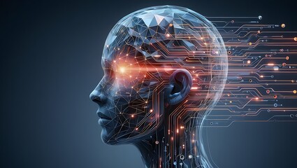 Abstract digital human head profile with glowing orange eye and data streams emanating from the back of the head representing artificial intelligence and technology