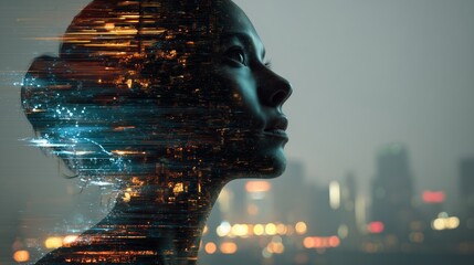 digital twin concept with woman face city lights and data streams
