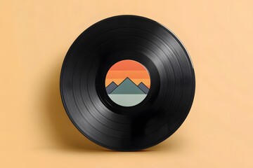 Vinyl record with mountain sunset graphic label LP record music Mockup