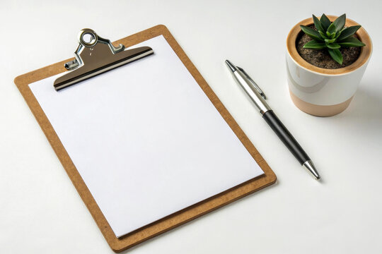 A blank sheet of paper on a tablet with a pen lies on a white background. The minimalist layout is suitable for notes, lists and plans. Ideal for design and office themes.