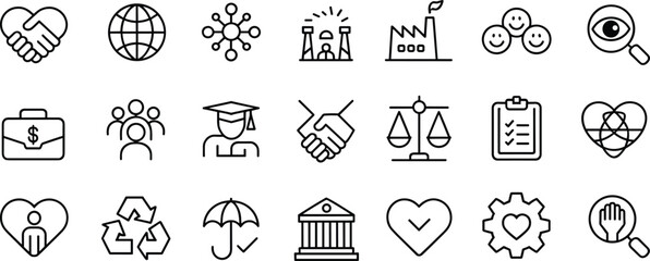Business and community icons set, corporate social responsibility, teamwork, justice, environment, education, sustainability, finance, leadership, flat vector illustration