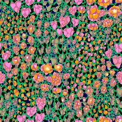 A vibrant, abstract seamless pattern featuring a mix of colorful dots and irregularly shaped flowers combined with animal print