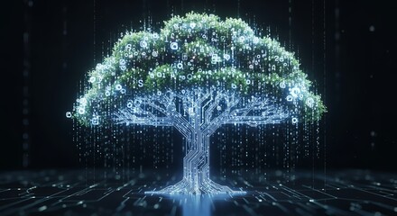 Digital technology tree growing with data in a modern dark environment