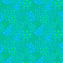 A vibrant, abstract seamless pattern featuring a mix of colorful dots and irregularly shaped flowers combined with animal print