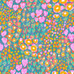A vibrant, abstract seamless pattern featuring a mix of colorful dots and irregularly shaped flowers combined with animal print