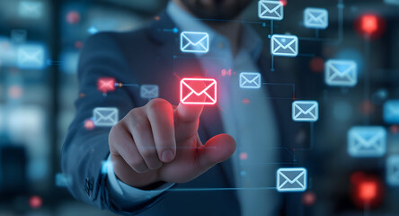 Businessman Interacting with Digital Mail Icons: Conceptualizing Email Marketing, Communication, and Data Transmission