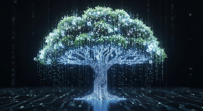 Digital technology tree growing with data in a modern dark environment