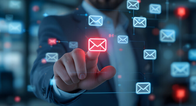 Businessman Interacting with Digital Mail Icons: Conceptualizing Email Marketing, Communication, and Data Transmission