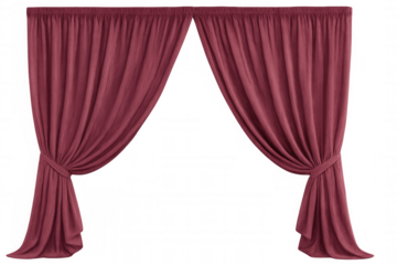 Crimson drapes pulled aside, exposing translucent space with sophisticated staging potential for design layouts